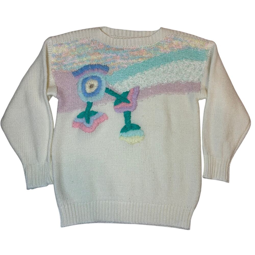 Vintage Basket of Yarn Knit Sweater Size Small Quirky Retro Grannycore